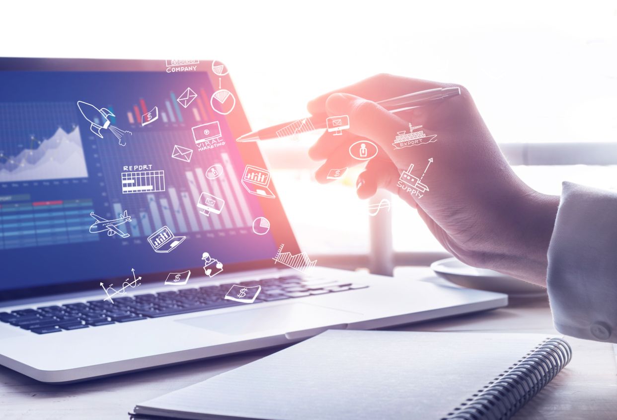Businessman working with modern laptop and icon.strategy concept